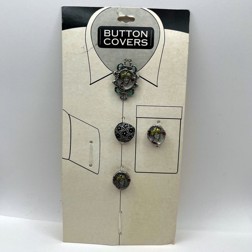 Vintage Mervyn's Partners Button Covers Art Nouveau Victorian Lady Enamel Set 4